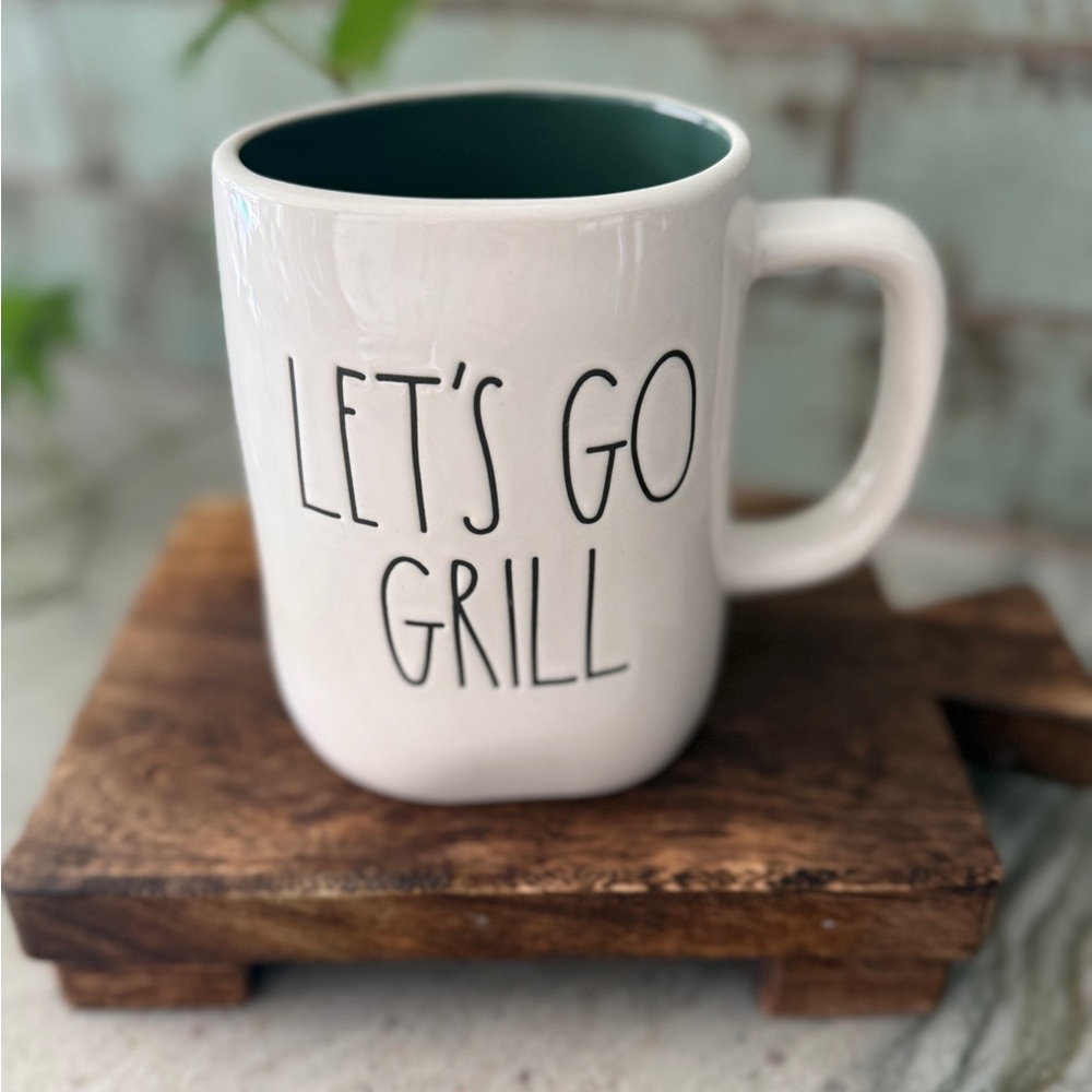 Rae Dunn White Mug with Dark Green Interior - "LET'S GO GRILL"